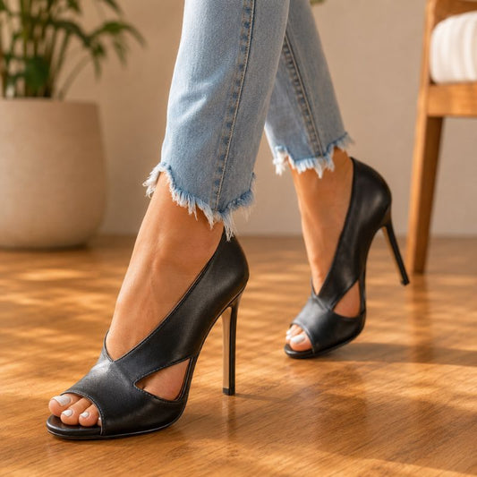 Orthopedic Leather Stiletto Sandals - Peep-Toe Cutout Design