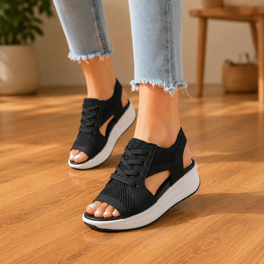 Orthopedic Chunky Wedge Sandals - Lace Up Design