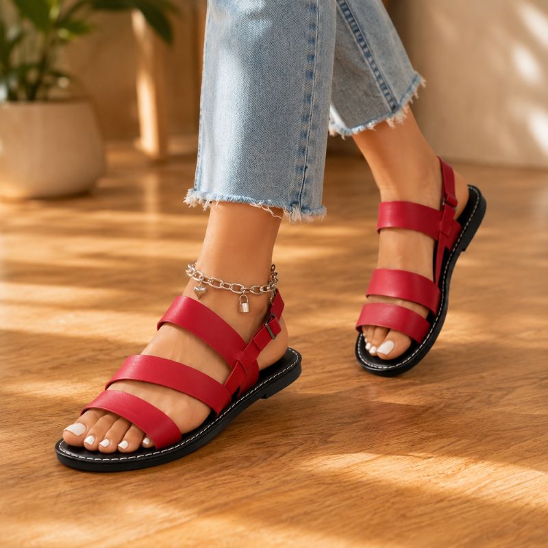 Orthopedic Leather Flat Sandals - Triple-Strap Buckle Design