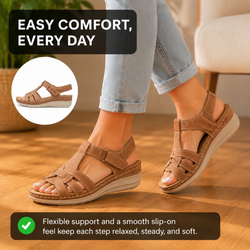 Orthopedic Leather Wedge Sandals - Braided Cutout Design