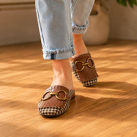 Orthopedic Leather Closed-Toe Mule Sandals - Gold Buckle Design