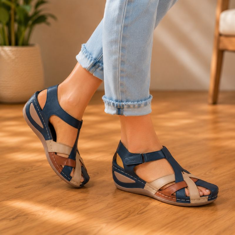 Orthopedic Leather Wedge Sandals - Colorblock Cutout Design