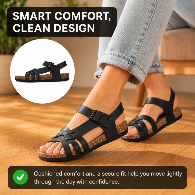 Orthopedic Flat Leather Sandals - Adjustable Slingback Design