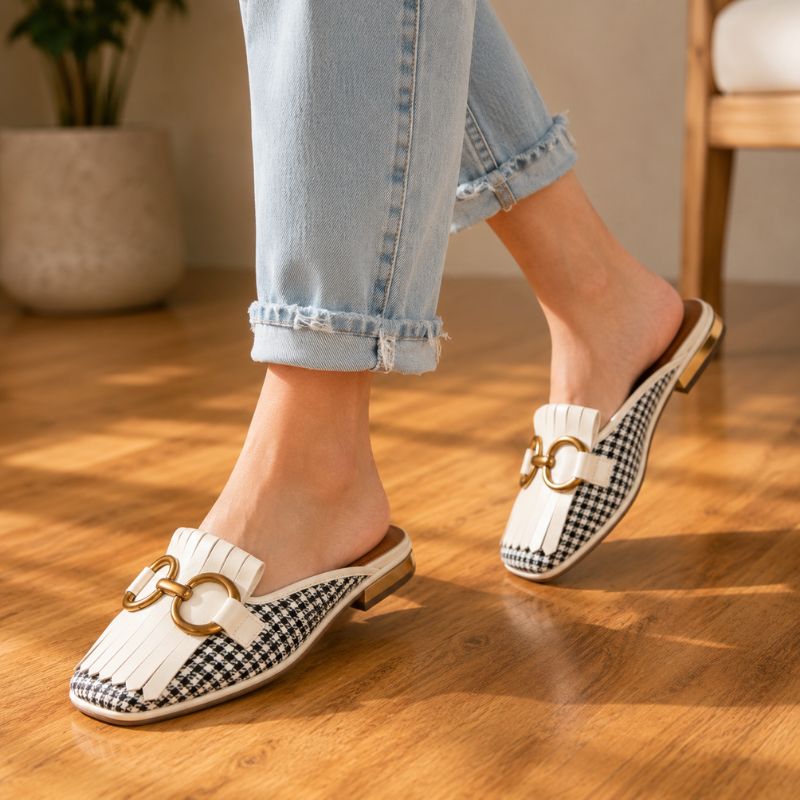 Orthopedic Leather Closed-Toe Mule Sandals - Gold Buckle Design