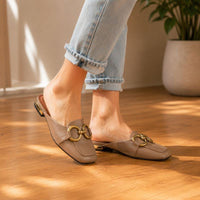 Orthopedic Leather Closed-Toe Mule Sandals - Gold Buckle Design