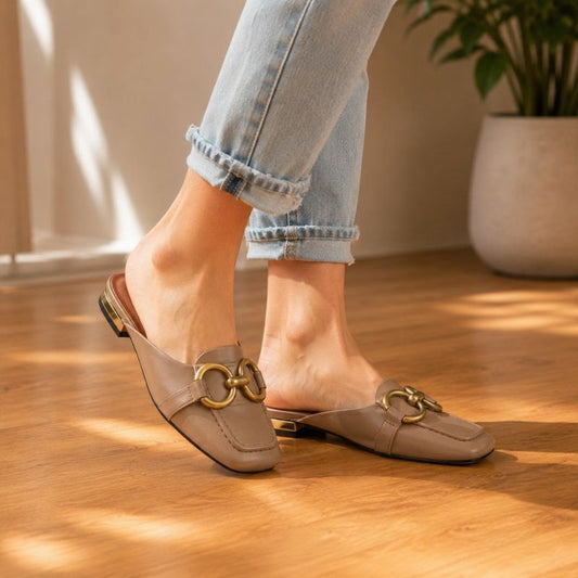 Orthopedic Leather Closed-Toe Mule Sandals - Gold Buckle Design
