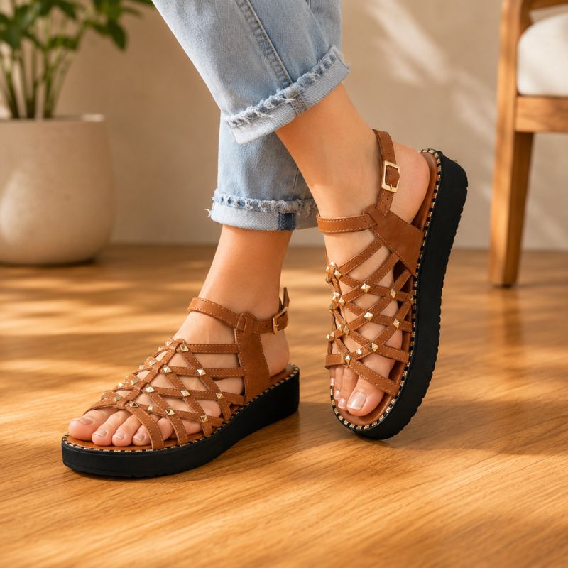 Orthopedic Leather Platform Sandals - Studded Cutout Design
