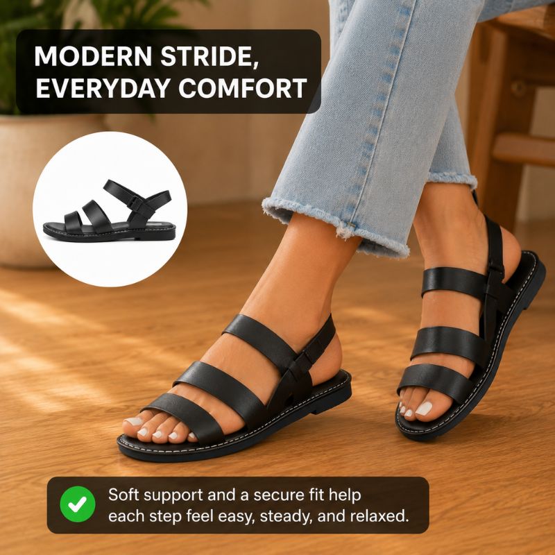 Orthopedic Leather Flat Sandals - Triple-Strap Buckle Design