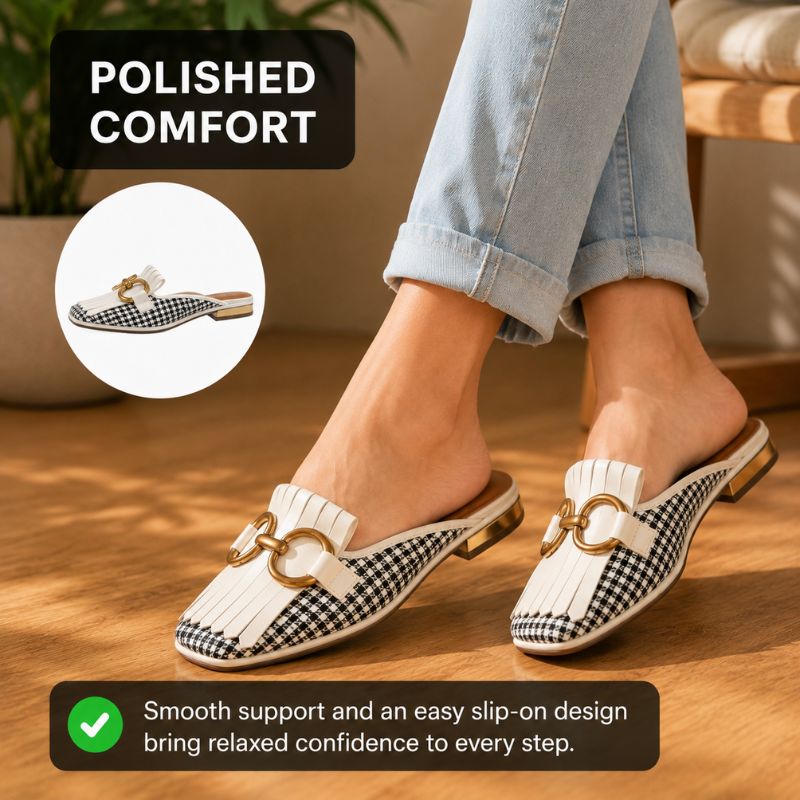 Orthopedic Leather Closed-Toe Mule Sandals - Gold Buckle Design