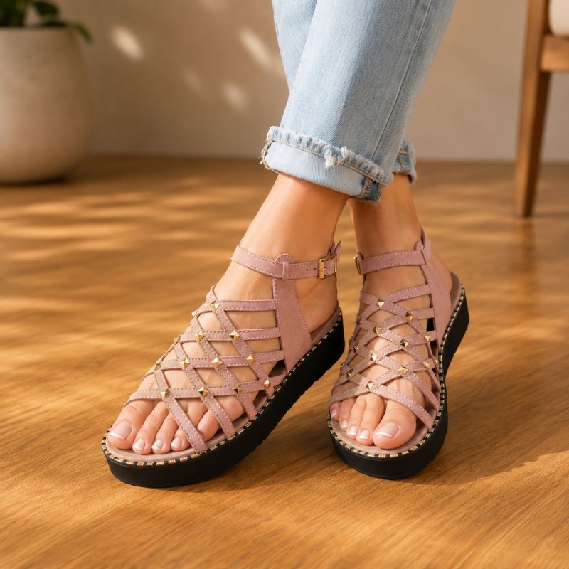 Orthopedic Leather Platform Sandals - Studded Cutout Design