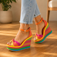 Orthopedic Rainbow Platform Wedge Sandals - Ankle-Strap Design