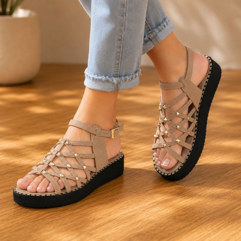 Orthopedic Leather Platform Sandals - Studded Cutout Design