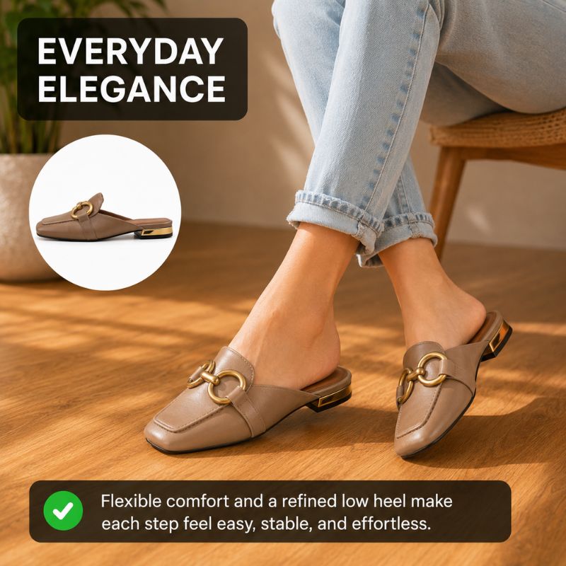 Orthopedic Leather Closed-Toe Mule Sandals - Gold Buckle Design