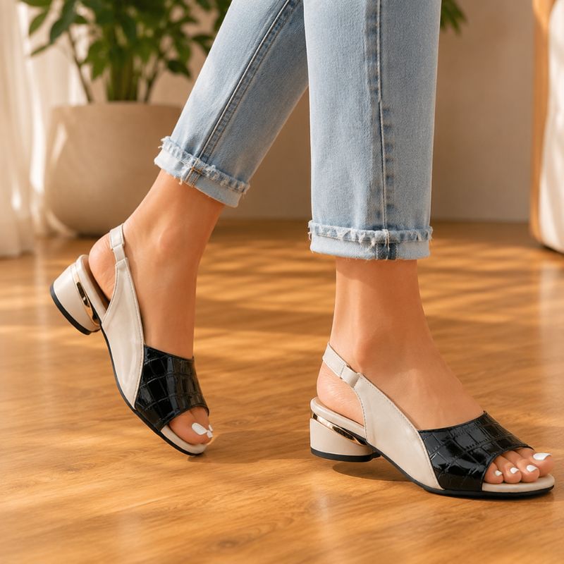 Orthopedic Soft Leather Wedge Sandals - Croc Pattern Peep-Toe Design