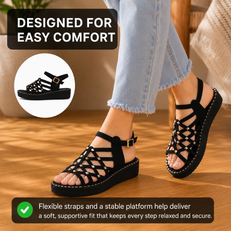 Orthopedic Leather Platform Sandals - Studded Cutout Design