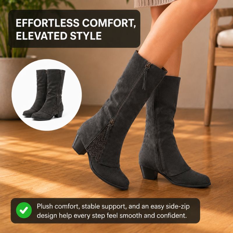 Orthopedic Suede Knee-High Boots - Front Zipper Design