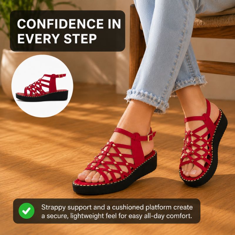 Orthopedic Leather Platform Sandals - Studded Cutout Design