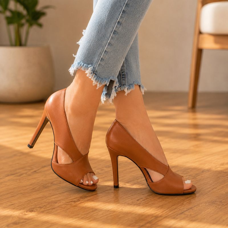 Orthopedic Leather Stiletto Sandals - Peep-Toe Cutout Design