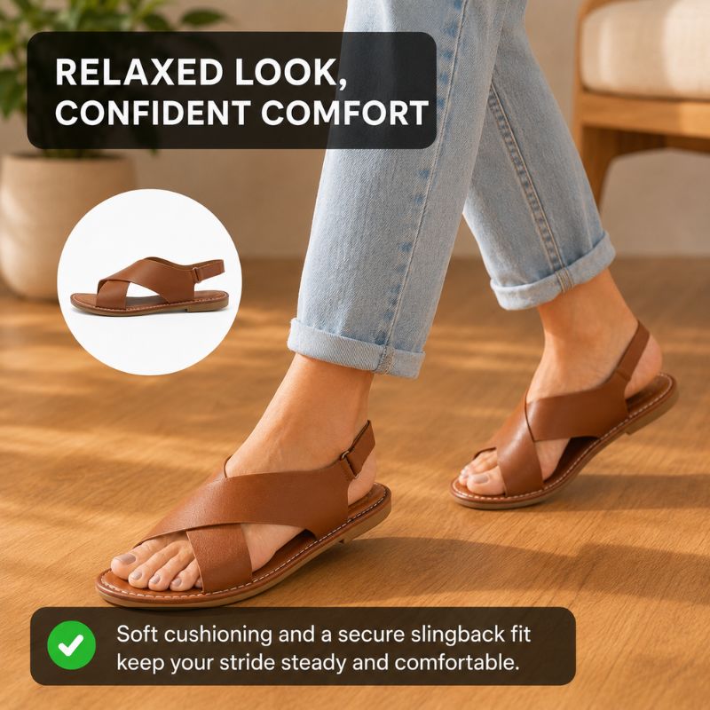 Orthopedic Leather Flat Sandals - Crisscross Slingback Design