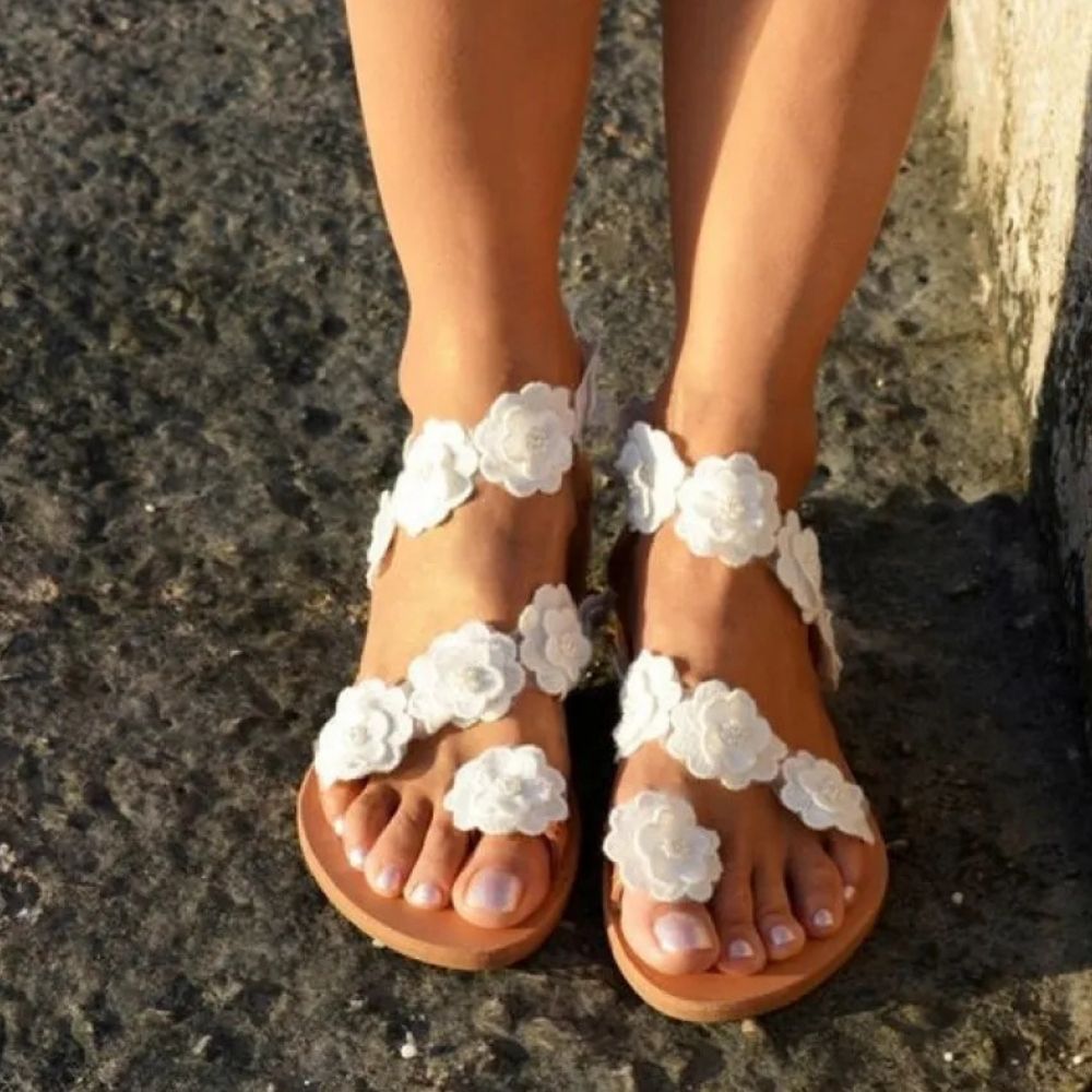 Penelope | Women’s Large Size Flower Sandals – Flat Bottom